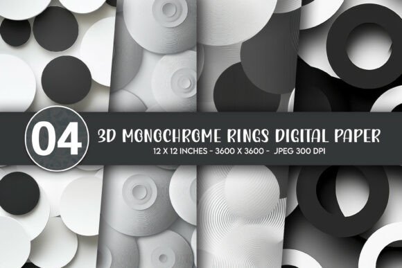 3D Monochrome Rings Digital Paper for Creative Projects
